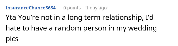 Reddit comment about wedding photos and a relationship status, with username visible. Reddit comment about wedding photos and a relationship status, with username visible.