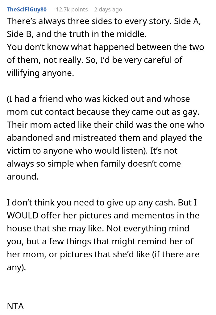 Online discussion about sharing inheritance with friend's daughter.