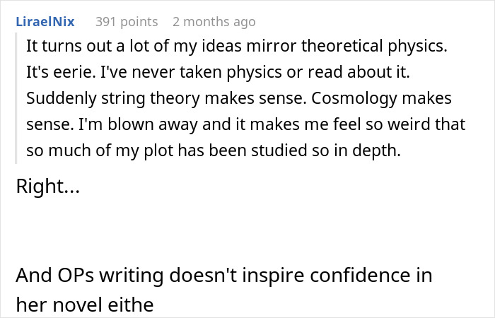Text from a netizen discussing novel ideas on theoretical physics and writing critique.