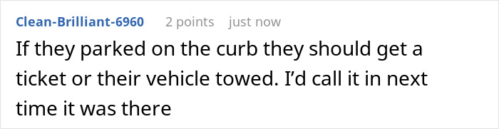 Comment discussing parking issues and possible towing for revenge on a neighbor.