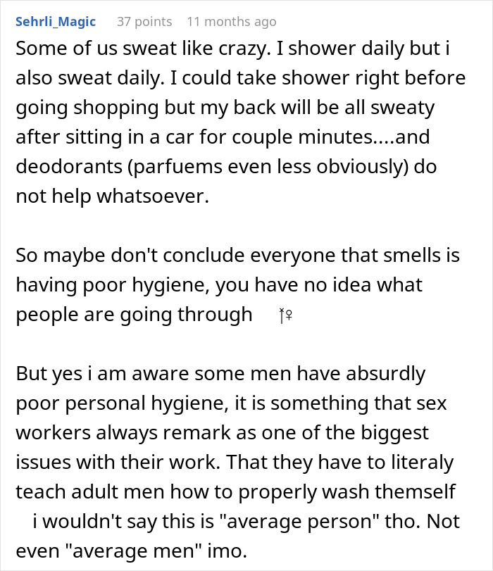 Text discussing hygiene issues related to not showering regularly and its various implications.