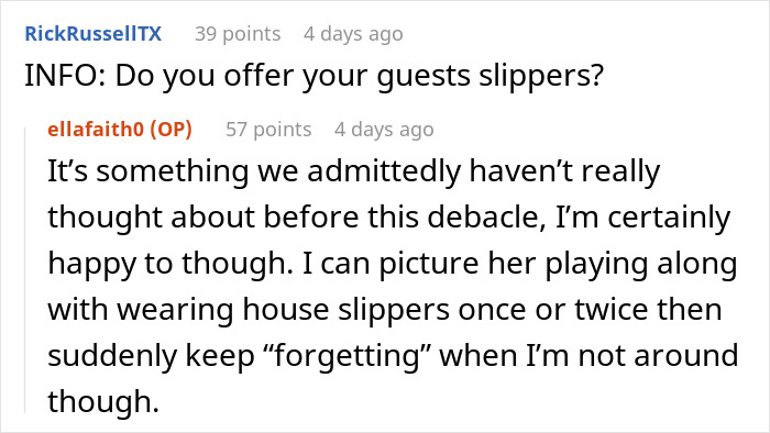 Discussion about a "petty" house rule regarding guest slippers in a comment thread.