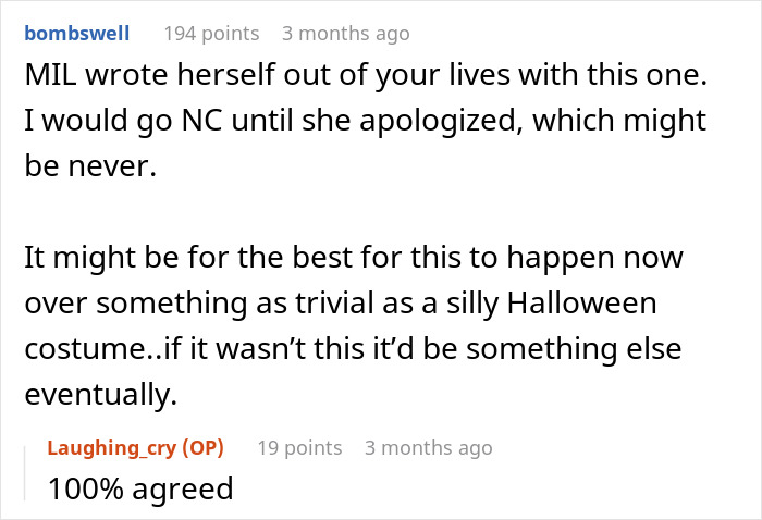 Reddit comment discussing a MIL's reaction to a DIL's Halloween costume, calling it trivial. Reddit comment discussing a MIL's reaction to a DIL's Halloween costume, calling it trivial.