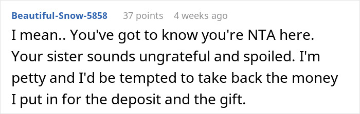 Comment discussing a man's ungrateful sister related to a baby shower conflict. Comment discussing a man's ungrateful sister related to a baby shower conflict.