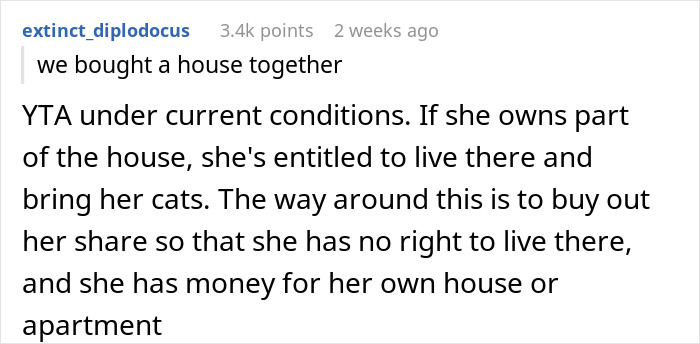 Reddit comment discussing a son's allergy to cats and property ownership issues.