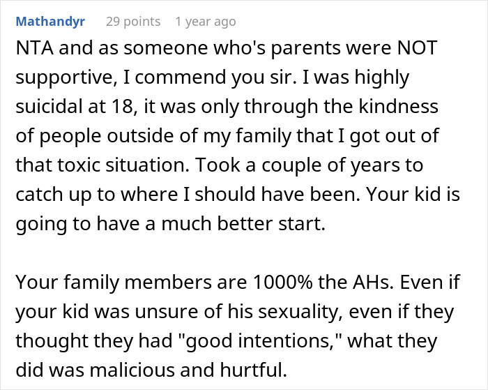 Reddit comment supporting a parent who defended their gay son against unsupportive family.