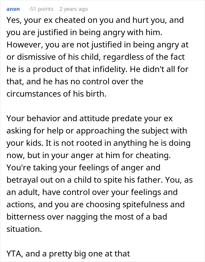 Anonymous comment criticizing a woman's treatment of ex's child, discussing justified anger and need for control over actions. Anonymous comment criticizing a woman's treatment of ex's child, discussing justified anger and need for control over actions.