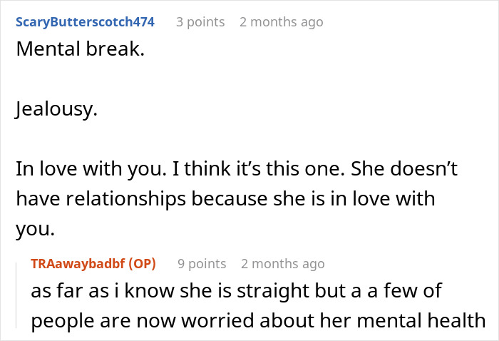 Reddit thread discussing motives behind a friend's lie, with mentions of "jealousy" and "mental health. Reddit thread discussing motives behind a friend's lie, with mentions of "jealousy" and "mental health.