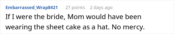 Comment about MIL's attempt to get attention, suggesting using a sheet cake as a hat. Comment about MIL's attempt to get attention, suggesting using a sheet cake as a hat.