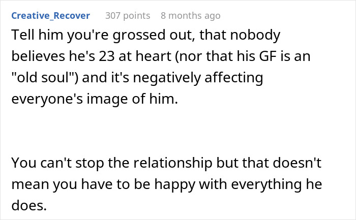Reddit comment offering advice on a dad dating someone younger than his daughter.