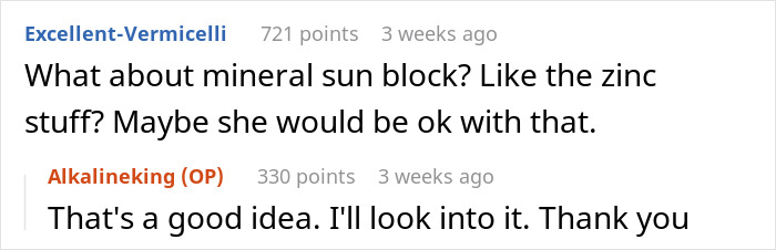 Comment suggesting mineral sunblock as a sunscreen alternative, with positive response discussing sun exposure and cancer concerns.