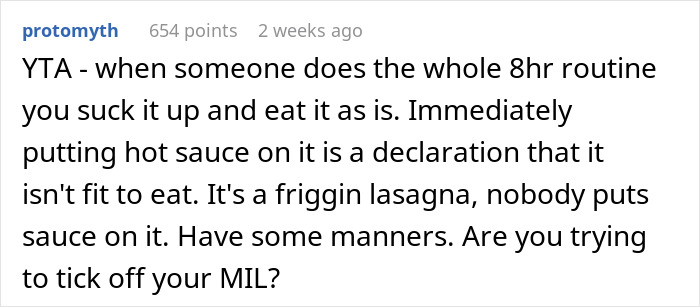 Online comment about a lasagna incident involving hot sauce and a family dispute. Online comment about a lasagna incident involving hot sauce and a family dispute.