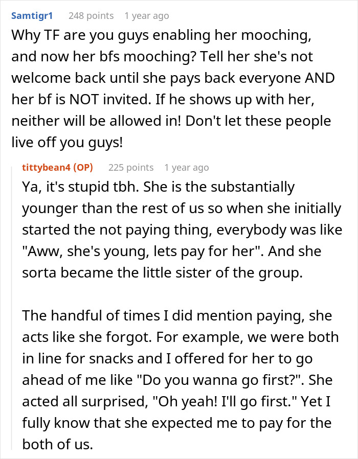 Reddit discussion about a serial moocher bringing her boyfriend to friends' hangouts, leaving with full bellies. Reddit discussion about a serial moocher bringing her boyfriend to friends' hangouts, leaving with full bellies.