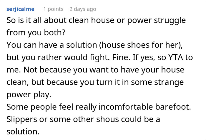 Comment discussing a woman's emotional reaction to a house rule, suggesting house shoes as a compromise.