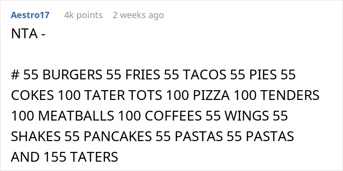 Reddit post listing food items, discussing a "pay it forward" chain in a humorous context.