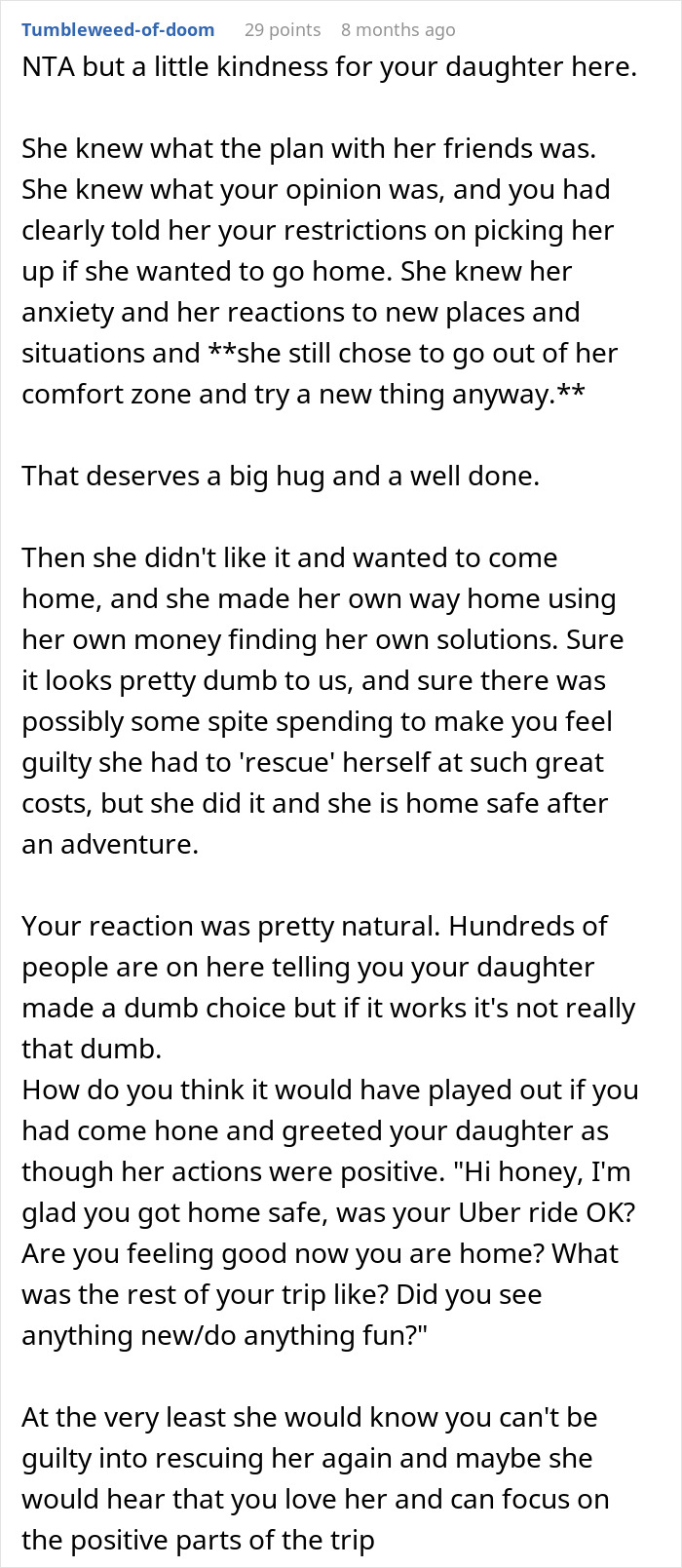 Online comment discussing a parent's decision not to pick up an anxious daughter from a road trip. Online comment discussing a parent's decision not to pick up an anxious daughter from a road trip.