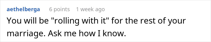 Text comment referencing "rolling with it" in marriage context. Text comment referencing "rolling with it" in marriage context.