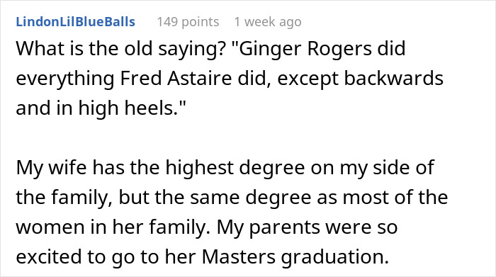 Text screenshot discussing Ginger Rogers, women earning higher degrees, and master's graduation excitement.
