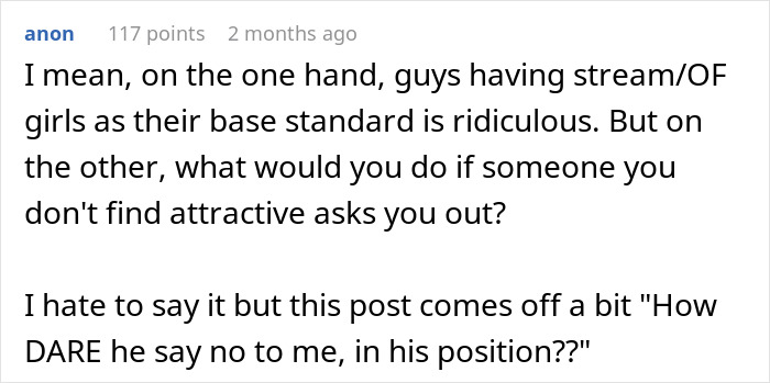 Screenshot of a comment discussing dating standards and rejection, reflecting on asking out a best friend.