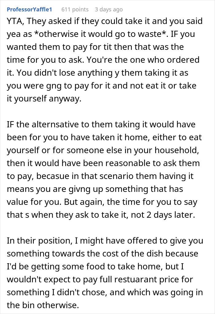 Reddit comment criticizing a woman for not paying for a friend's take-home meal, discussing fairness and timing. Reddit comment criticizing a woman for not paying for a friend's take-home meal, discussing fairness and timing.