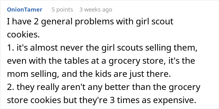Text about issues with buying Girl Scout cookies, mentioning moms selling and cookie prices. Text about issues with buying Girl Scout cookies, mentioning moms selling and cookie prices.