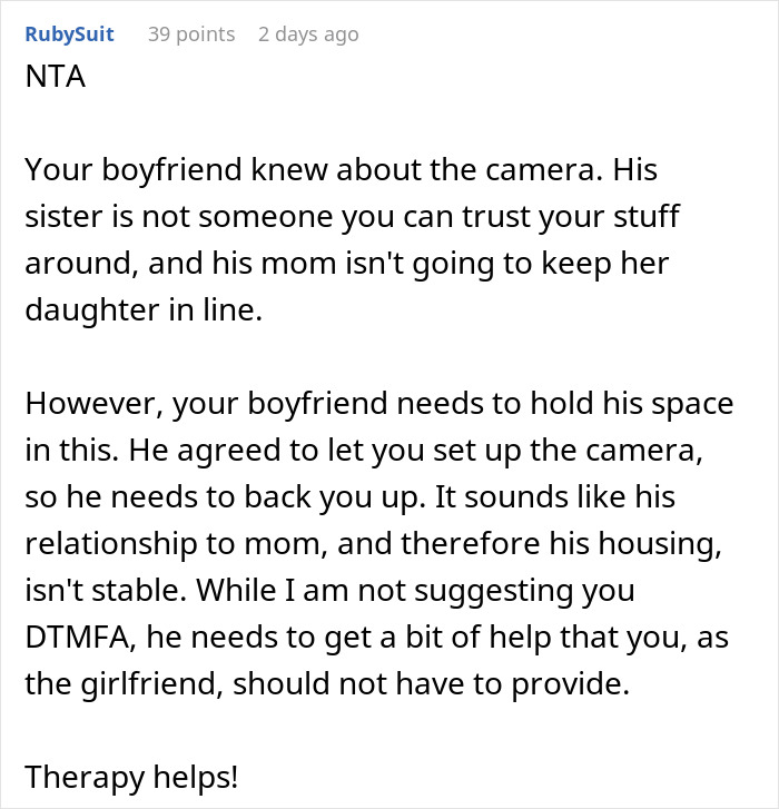 Text response about a woman setting up a camera to get evidence of her boyfriend's sister stealing.
