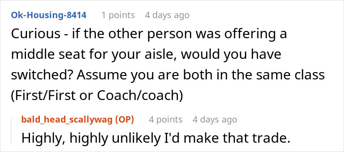 Reddit comments discussing reluctance to change airline seats for money. Reddit comments discussing reluctance to change airline seats for money.