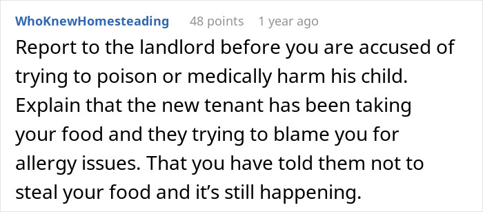 Comment advising to report a landlord about food theft and allergy blame concerns with a roommate's child.