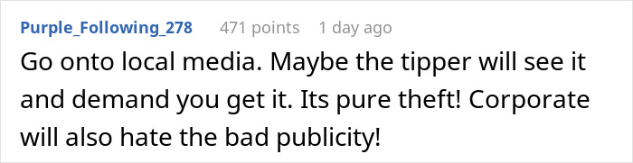 Comment suggesting the use of local media to resolve the missing $2,500 tip issue for a server. Comment suggesting the use of local media to resolve the missing $2,500 tip issue for a server.