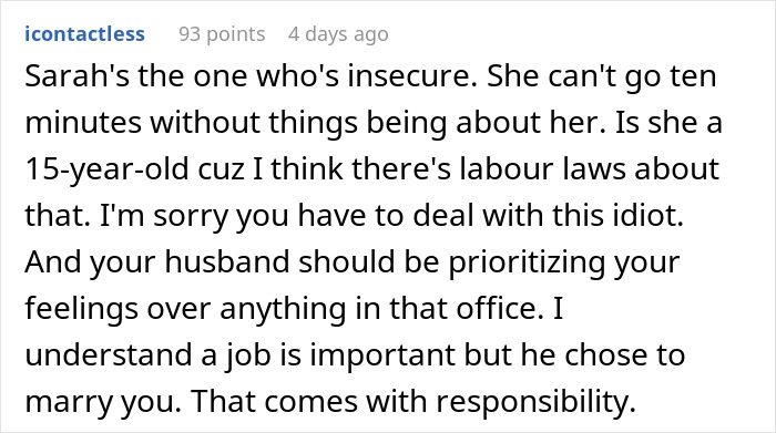 Comment criticizing a 'work wife' for making the real wife feel insecure and urging the husband to prioritize his marriage.