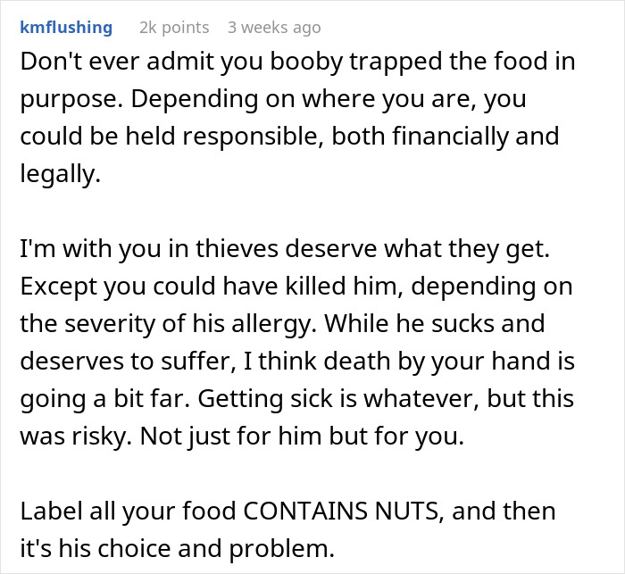 Text discussing revenge on a roommate who eats food, mentioning allergies and responsibilities.