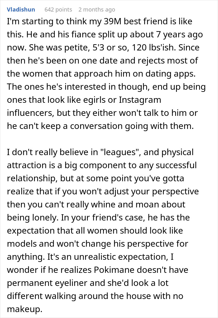Text discussing a person's unrealistic dating expectations and their impact on loneliness.
