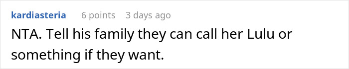 Comment on family reaction to baby name, suggesting calling her Lulu instead.