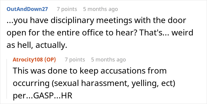 Discussion on HR practices in an online forum, highlighting issues with open-door disciplinary meetings. Discussion on HR practices in an online forum, highlighting issues with open-door disciplinary meetings.