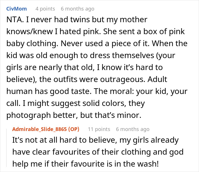 Text exchange discussing dressing twins differently, suggesting solid colors for better photographs. Text exchange discussing dressing twins differently, suggesting solid colors for better photographs.
