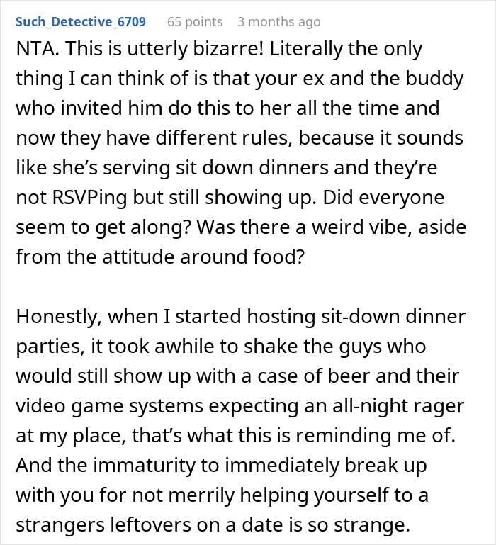 Comment discussing group of friends' dining etiquette and attitude towards food and leftovers.