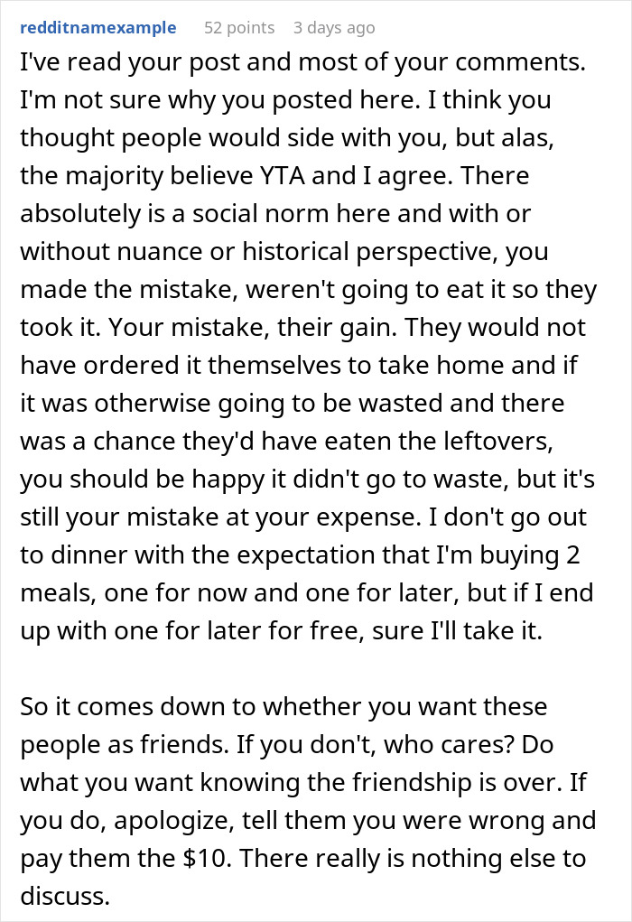 Reddit comment discussing a woman not paying for friends' takeout meals from a shared dinner. Reddit comment discussing a woman not paying for friends' takeout meals from a shared dinner.