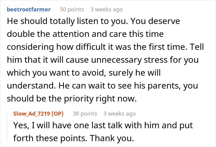 "Comment thread discussing a pregnant wife and an overseas trip, emphasizing care and priorities.