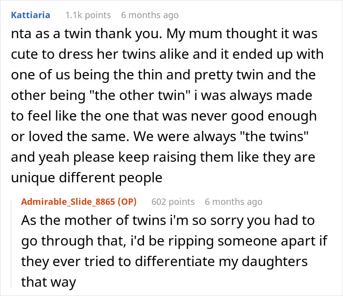 Comments discussing dressing twins differently and highlighting the importance of treating them as unique individuals. Comments discussing dressing twins differently and highlighting the importance of treating them as unique individuals.