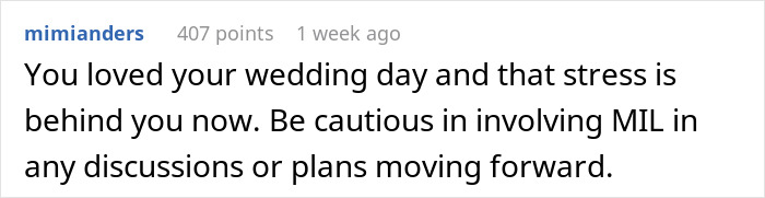 Comment discussing wedding day and involving MIL in future plans. Comment discussing wedding day and involving MIL in future plans.