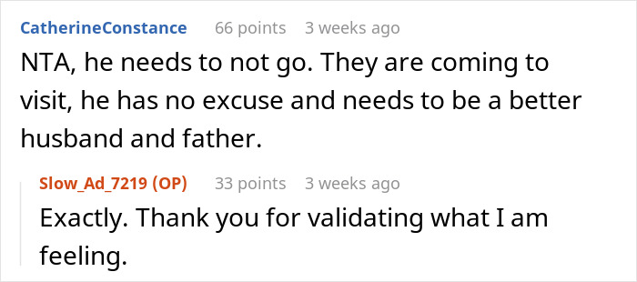Reddit thread discussing a husband's overseas trip while wife is pregnant.