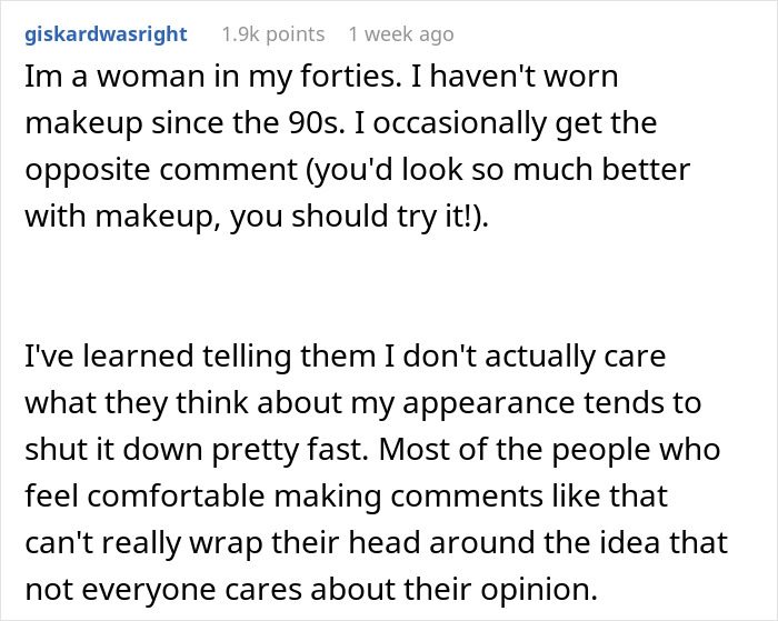 Message about coworker's audacity regarding appearance discussions. Message about coworker's audacity regarding appearance discussions.