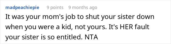 Reddit comment discussing a teen prioritizing her future over babysitting duties, addressing family responsibilities.