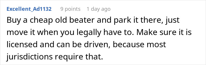 Text advice on parking revenge: Buy and park a cheap beater legally, ensuring it's licensed and drivable.