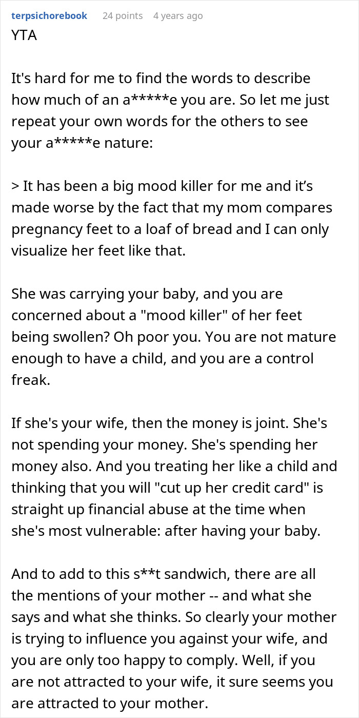 Reddit comment criticizing a husband's attitude toward his returning wife and her shoe issues. Reddit comment criticizing a husband's attitude toward his returning wife and her shoe issues.