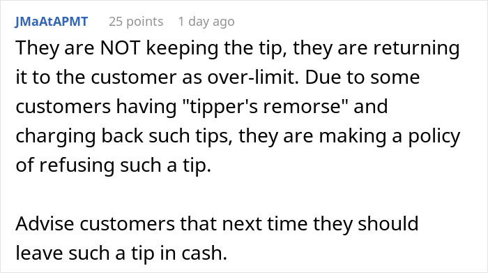 Comment discussing $2,500 tip policy and advising cash tips. Comment discussing $2,500 tip policy and advising cash tips.
