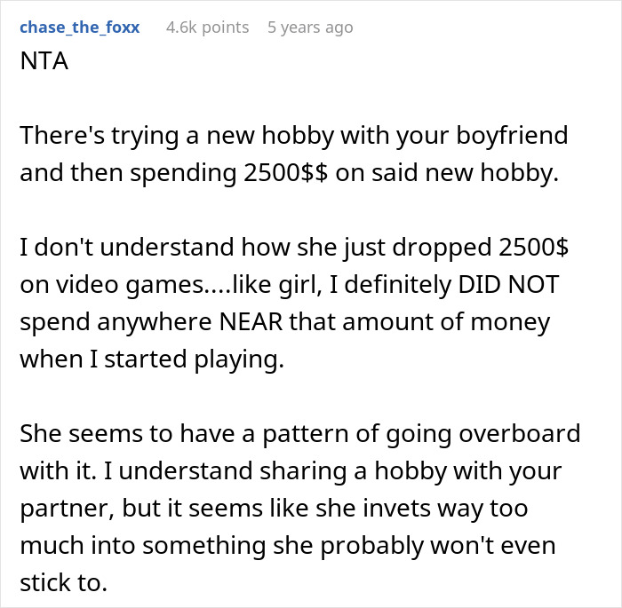 Comment about a woman spending excessively on hobbies shared with boyfriends, mentioning $2500 on video games.
