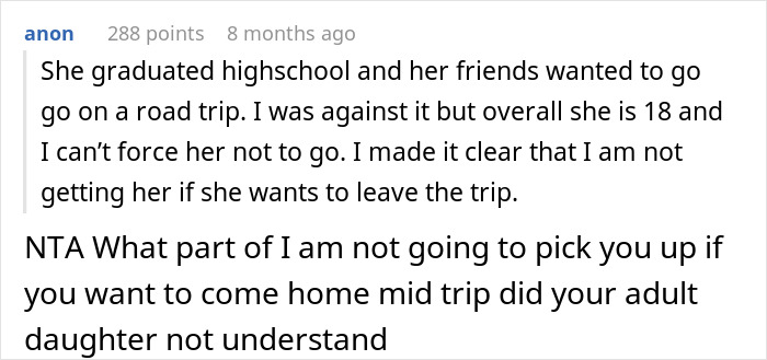 Parent refuses to pick up anxious daughter from road trip, insists on taking responsibility. Parent refuses to pick up anxious daughter from road trip, insists on taking responsibility.