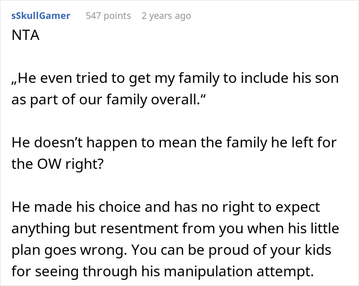 Text exchange discussing resentment over an ex's affair child inclusion attempt. Text exchange discussing resentment over an ex's affair child inclusion attempt.