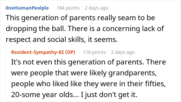 Reddit comments discussing parenting issues and lack of social skills.